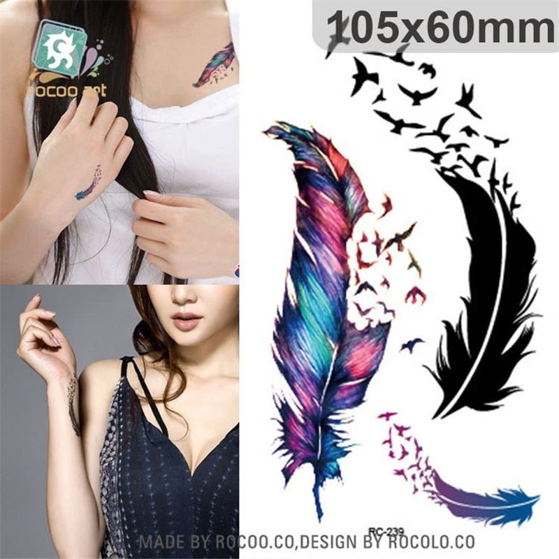 harajuku waterproof temporary tattoos for lady women Beautiful 3d colours feather design tattoo sticker Free Shipping RC2239