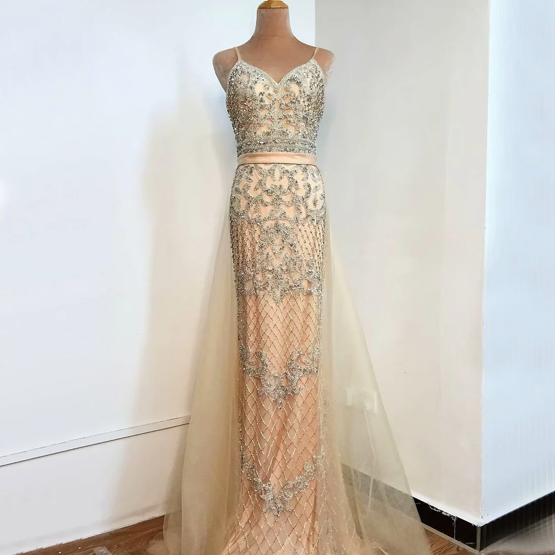 Lisliy Fashion Champagne Sequined Mesh Prom Dress Long Sleeveless A Line Backless 