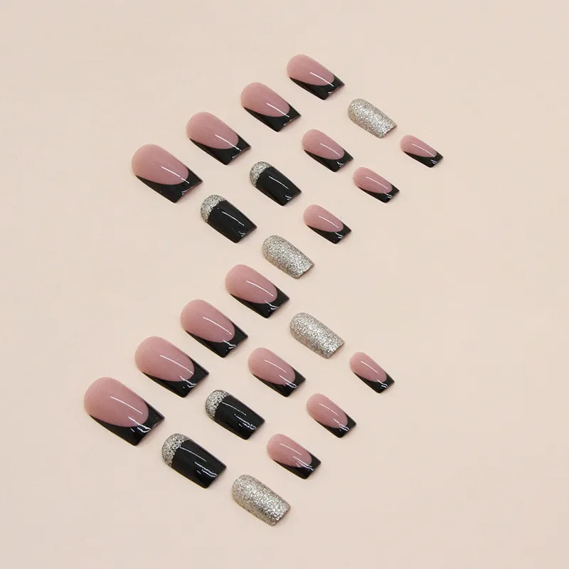 Churchf Churchf And Long European Square Fake Nails Flash Gold Pink Black French Fake Nails Fashion Ins Wind Beauty Nail Piece