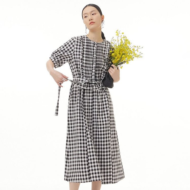 French Casual O-neck Plaid Fungus Edge Short Sleeve Dress      