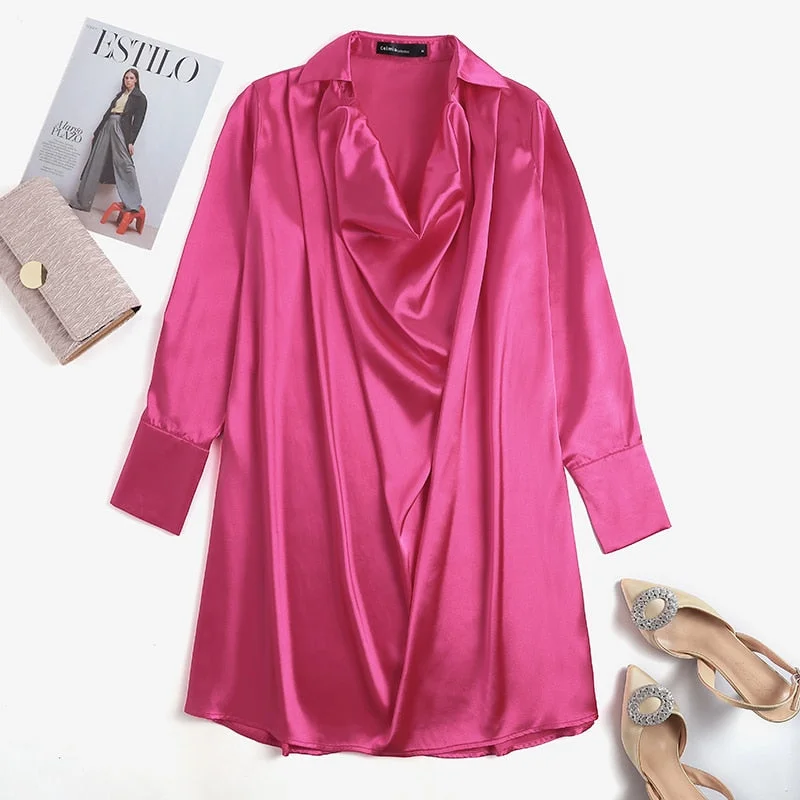 Celmia Elegant Party Dress Women Sexy Pleated Long Sleeve Satin Mini Dress Lapel Swing Collar Casual Loose Shirt Dresses Robe