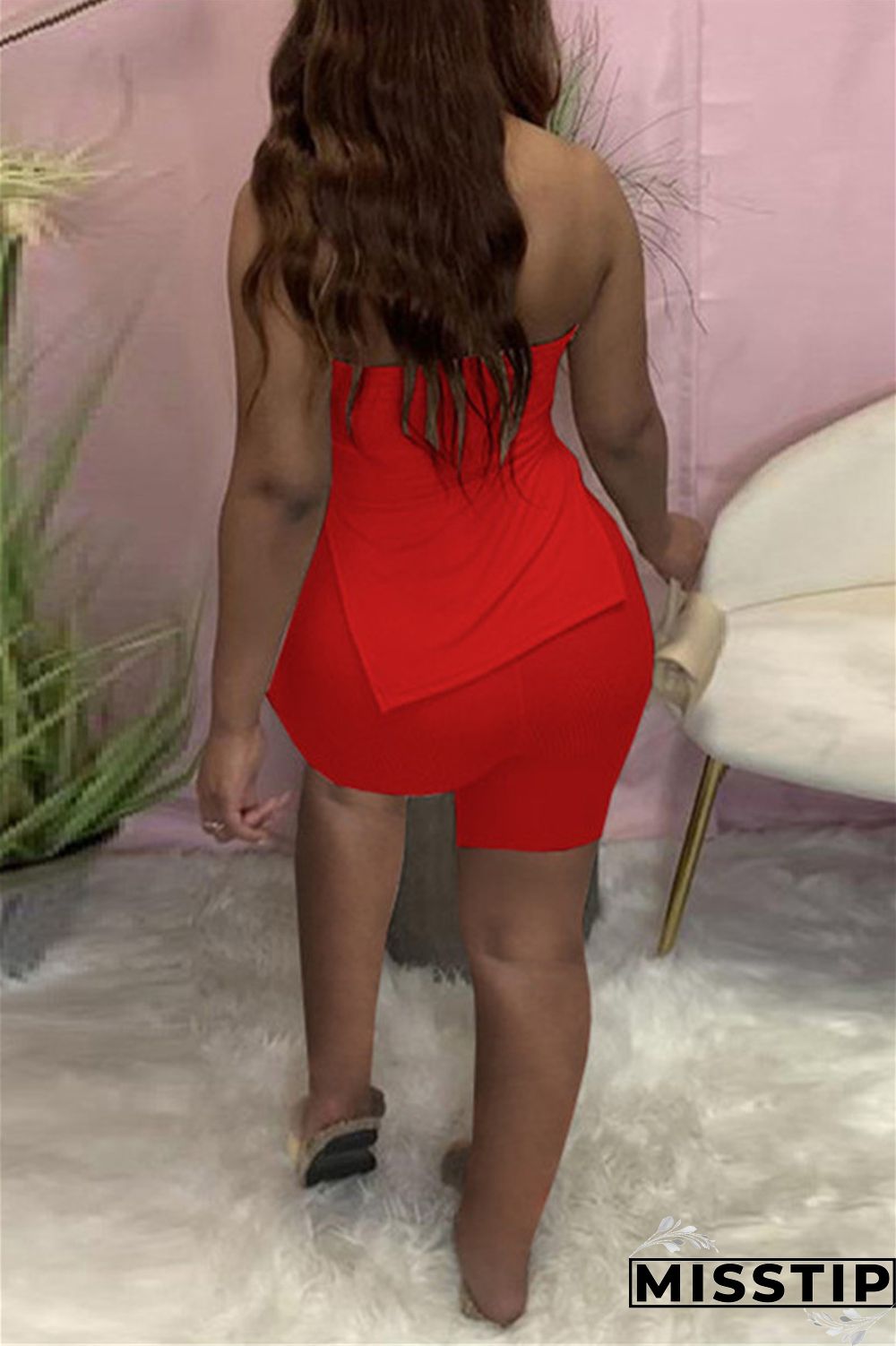 Coral Powder Sexy Casual Solid Backless Slit Strapless Sleeveless Two Pieces