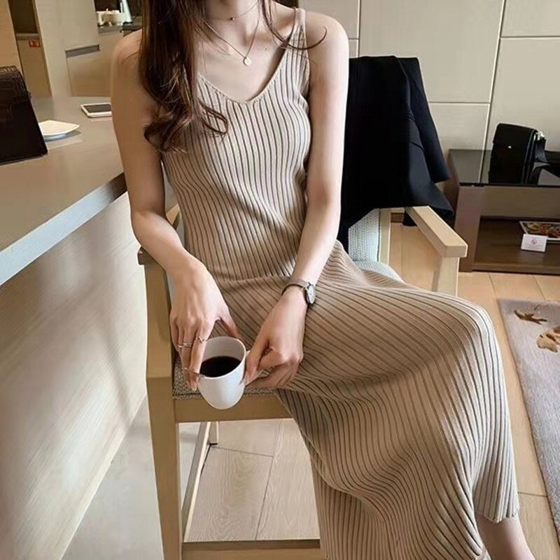 Heliar Women Knitted Slimming Dress Bodycon Soft Straps Dress Casual Ribbed Knitted One Piece Holiday A-Line Midi Dress Women