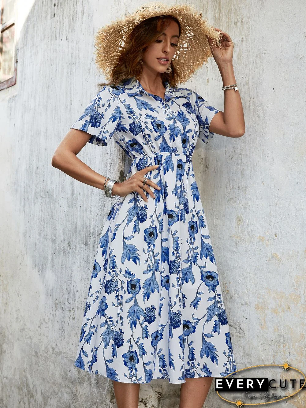 Elegant Women Summer Dress New Slim Vintage Lapel High Waist Midi Dress Casual Blue And White Printed Short Sleeve Dress