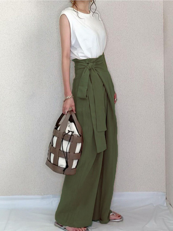 High Rise Waist Bow Tie Detail Wide Leg Pants