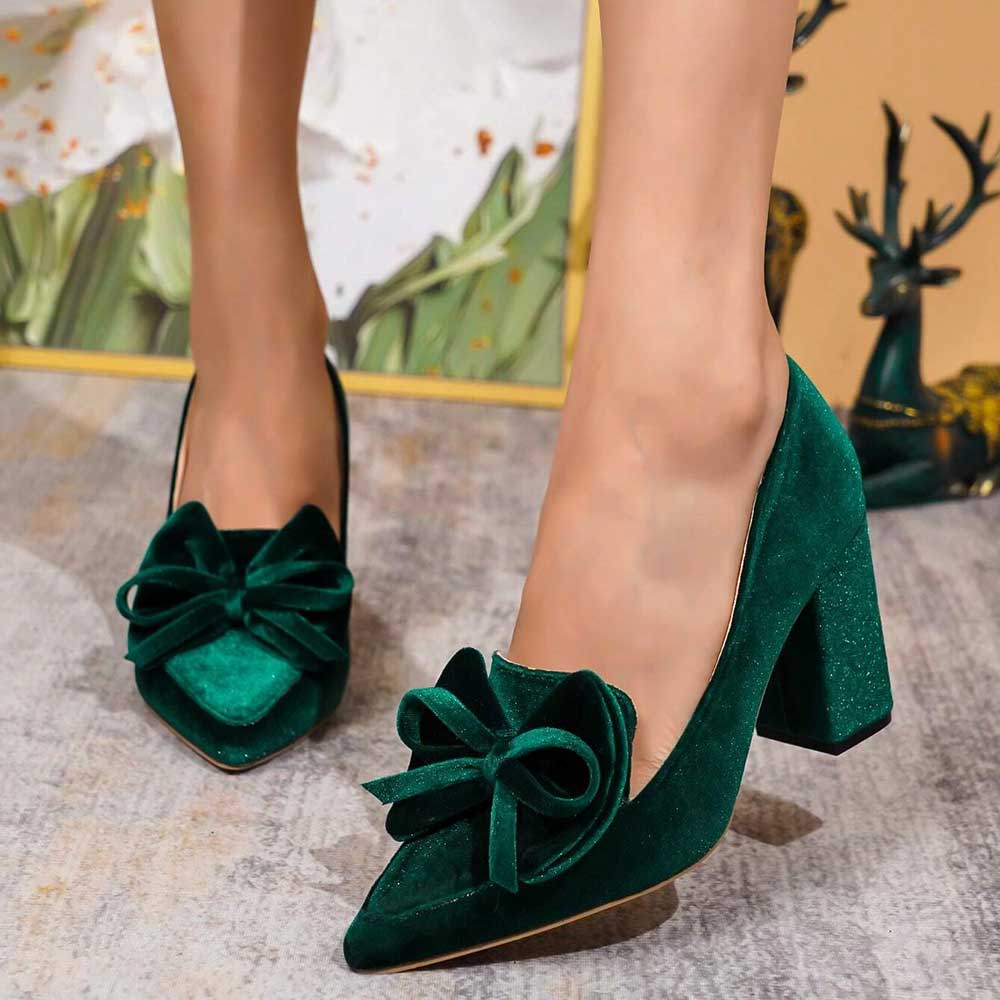 HIGH HEEL 10 SANDAL IN GREEN FOREST VELVET WITH BOW