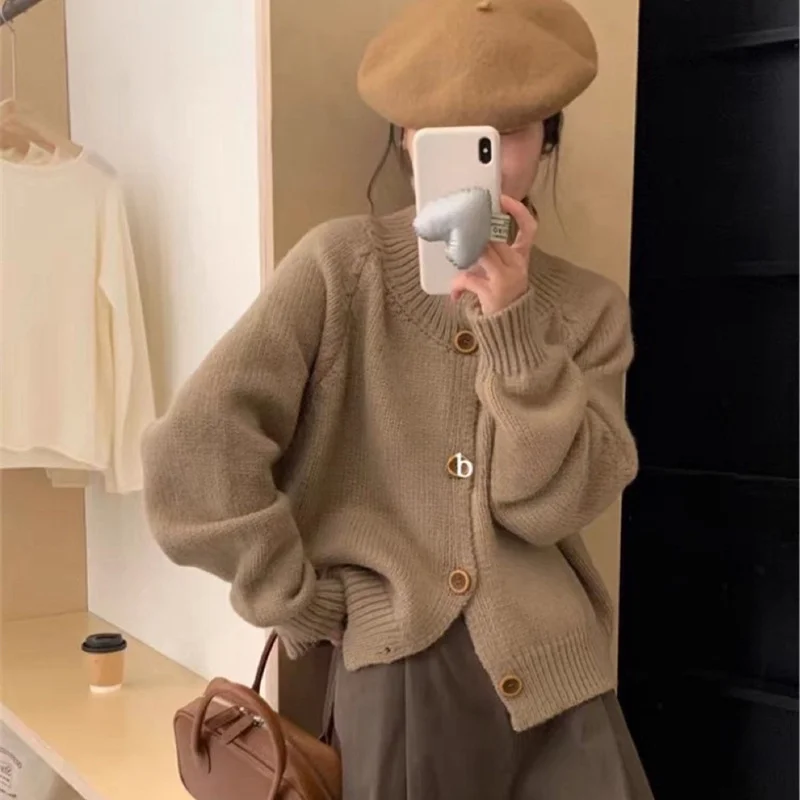 Churchf Churchf Autumn And Winter New Korean Retro Standing Collar Single Row Button Sweater Women's Small Short Knit Cardigan