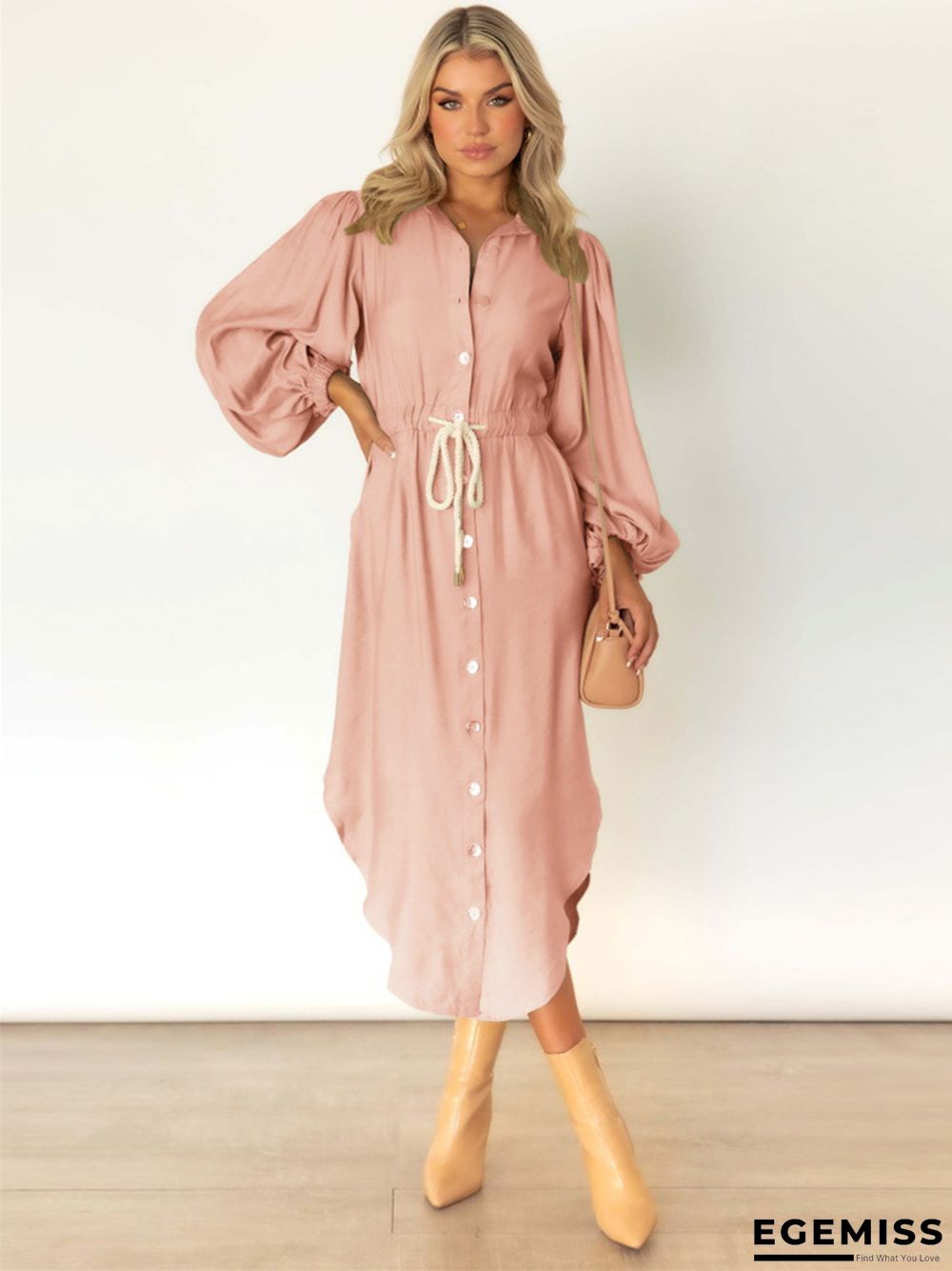 Long Sleeve Temperament Medium Long Tie Waist Shirt Dress | EGEMISS