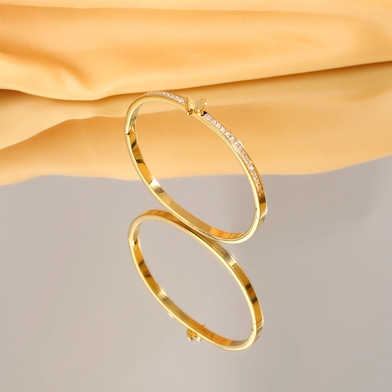 Casual Minimalist Round Heart Shape Butterfly Titanium Steel Zircon Bangle In Bulk