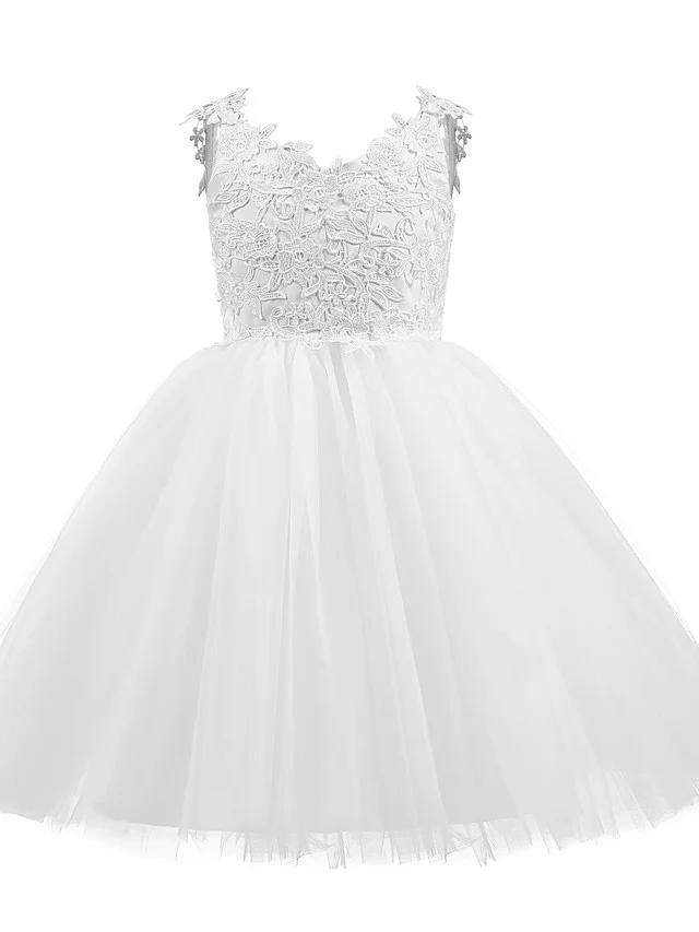 Hellodresses Sleeveless V Neck Short Length Flower Girl Dress Taffeta Tulle With Bow Appliques