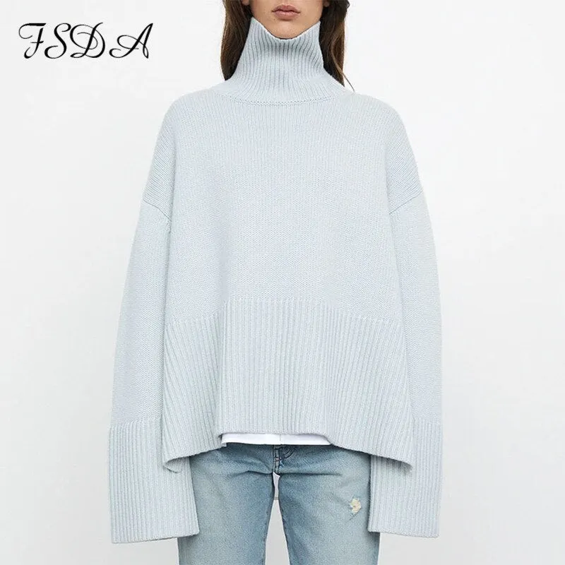 FSDA 2021 Autumn Winter Oversized Pullover Women Knitted Turtleneck Long Sleeve Striped Loose Sweater Casual Fashion Khaki
