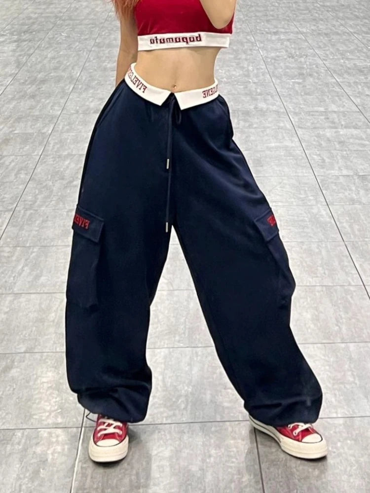 OLCooL Y2k Baggy Cargo Pants Woman Sports Wide Leg Sweatpants Hip Hop Korean Fashion Vintage Embroidery Bottoms High Street olcool