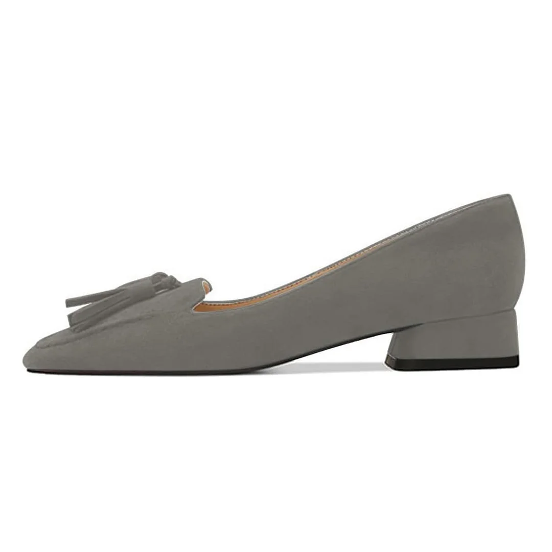 Grey Square Toe Low Heel Slip-On Pumps Shoes with Fringe