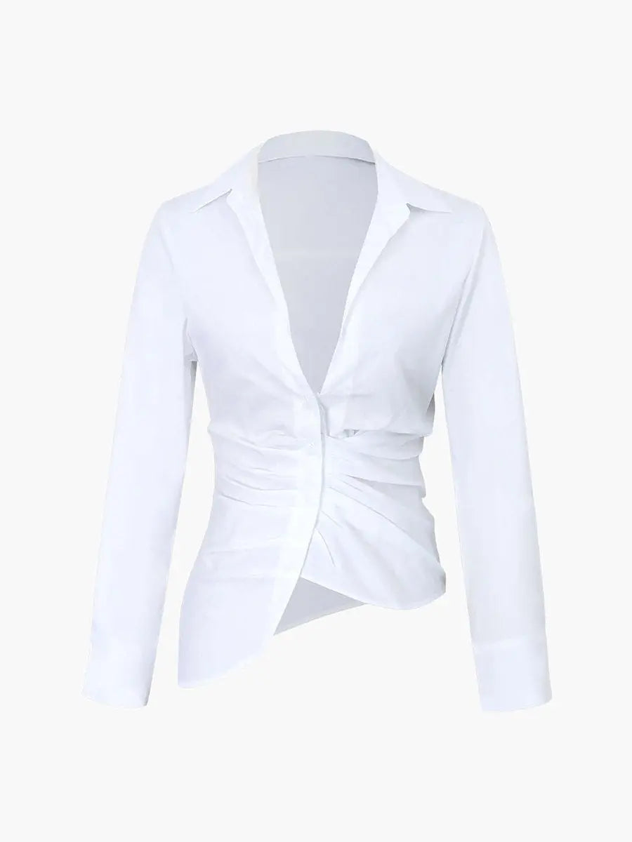 White Long Sleeve Pleated Poplin Shirt
