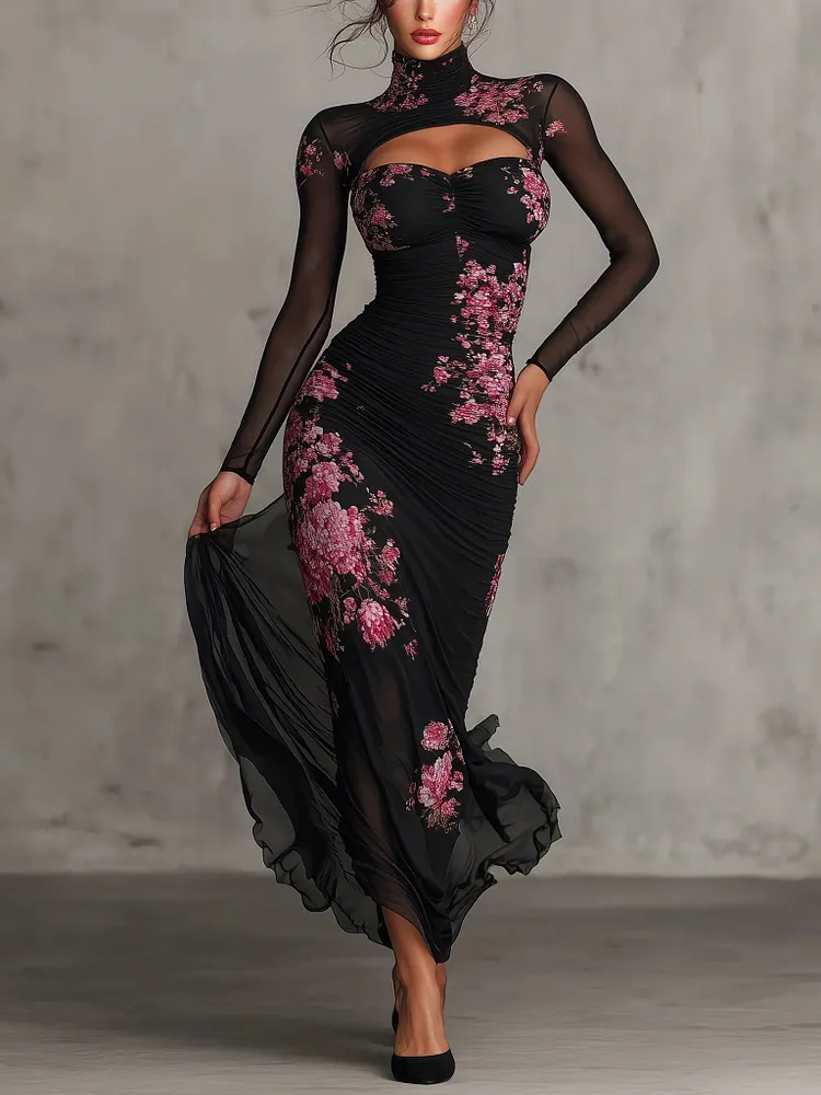 Black Floral Print Sheer Cutout Fitted Maxi Dress