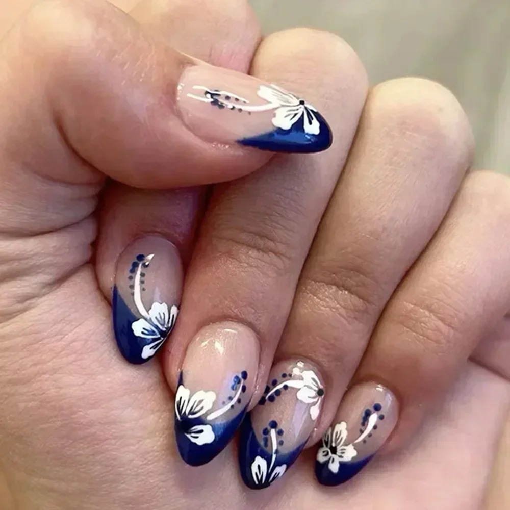 Lidudu French Press on Fake Nails with Flowers Designs Summer Blue Short Almond False Nails Wearable French Full Cover Press on Nails