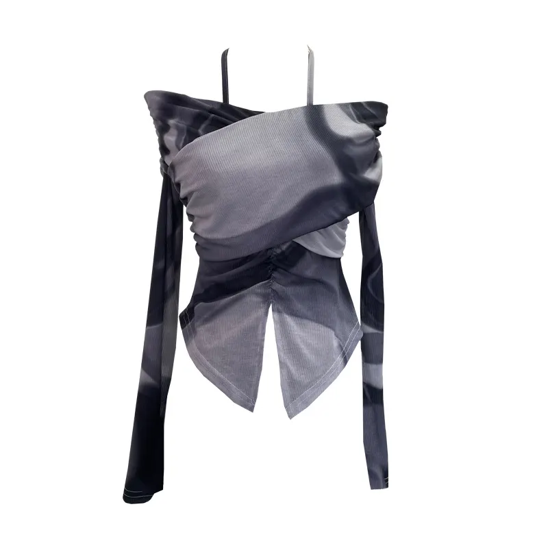 Uveng Real Shooting Sweet Cool Wind Shoulder Hanging Neck With Printed Long-Sleeved T-Shirt Under The Hem Open Fork To Collect Short Coat 9932