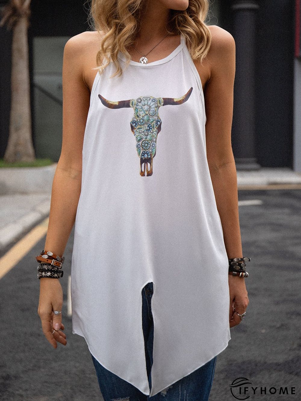 Printed Crew Neck Sleeveless T-shirt | IFYHOME