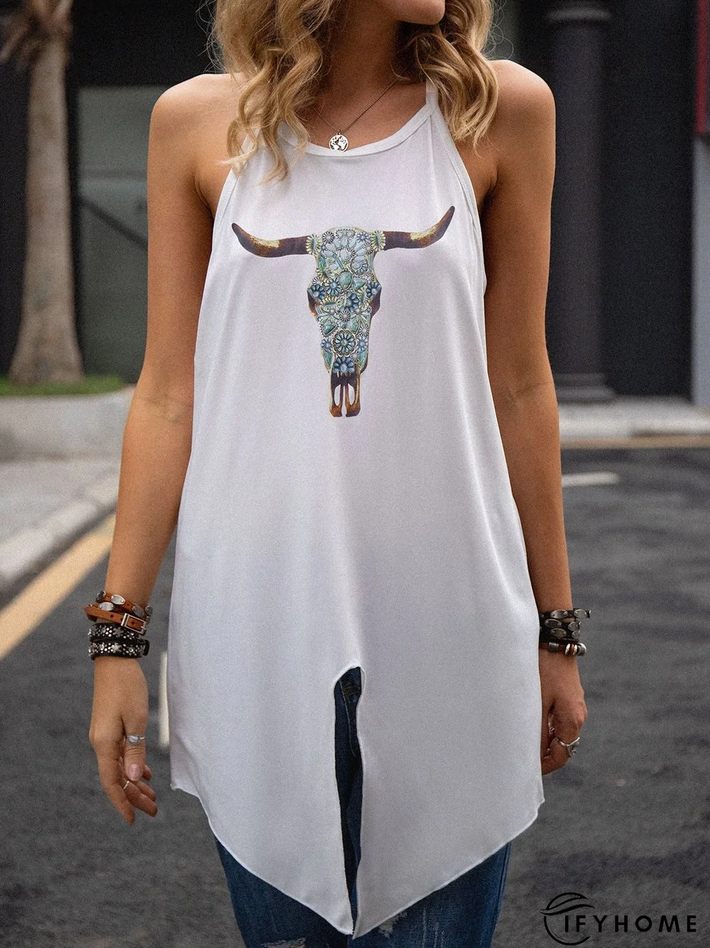 Printed Crew Neck Sleeveless T-shirt | IFYHOME