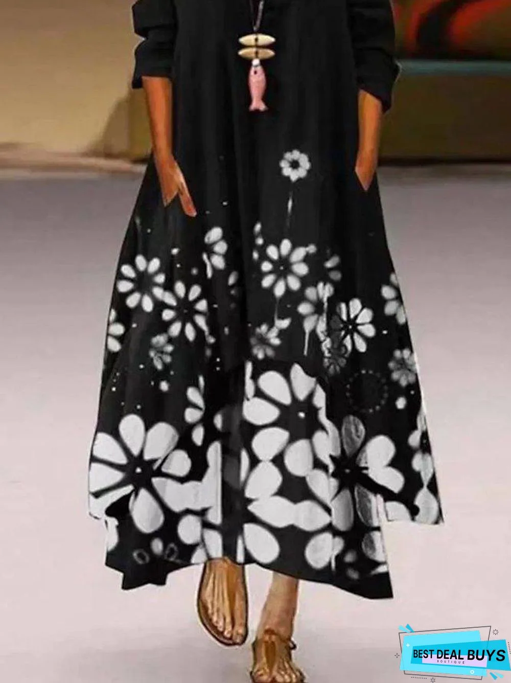 Floral Floral-Print Long Sleeve Statement Dresses Black Dresses