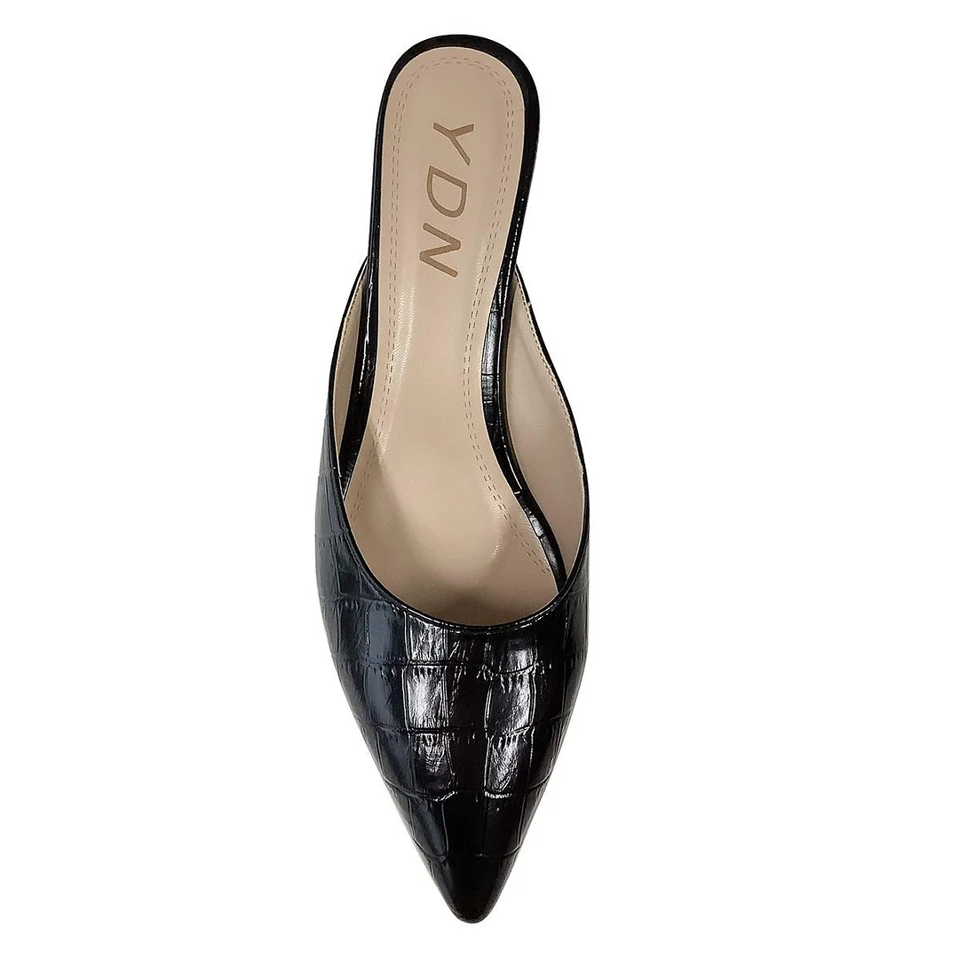 YDN Chic Black Pointed Toe Croc Embossed Kitten Heeled Mules