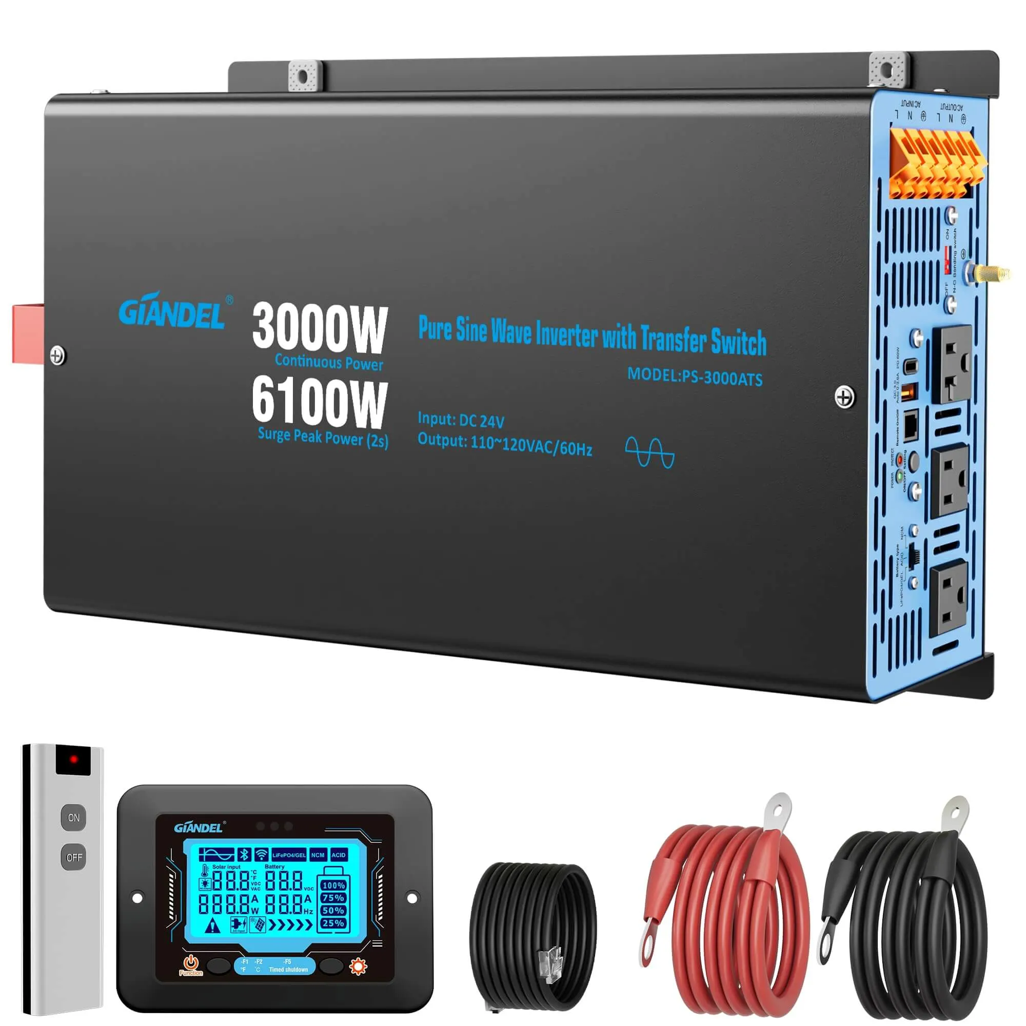 24V 3000W Pure Sine Wave Inverter with ATS, Shore Power Auto Bypass, 6100W Surge, 35 amps Hardwire Terminal