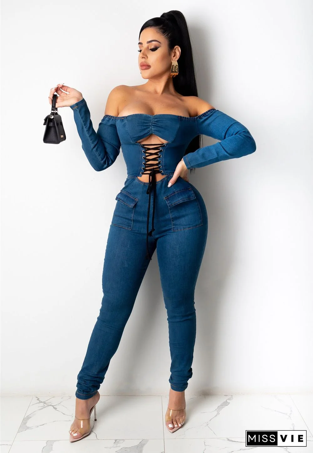 Women Off Shoulder Long Sleeve Hollow Out Lace Up Jumpsuit