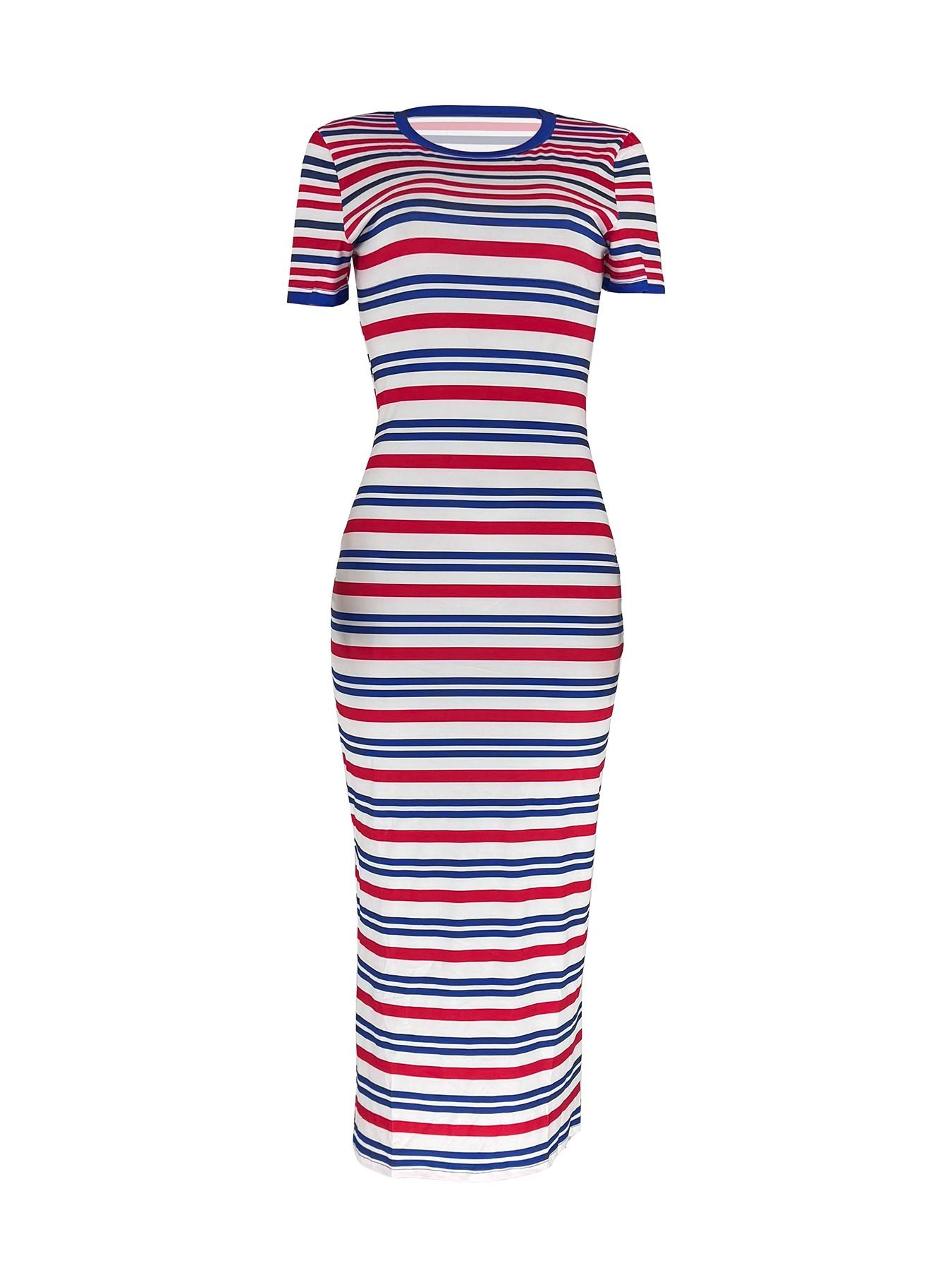 European Women's Summer New Fashion Chic Casual Striped Long Dress, Sleeveless Fitted Floral Pattern, Trendy Ladies' Clothing
