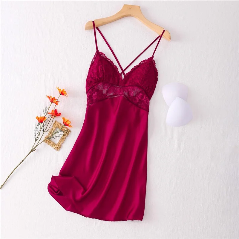 FINETOO Sexy Lingerie Women Nightdress Femme Nightgrowns Sleepwear Ice Silk Woman's Nightie Underwear Summer Lace Dresses 2021