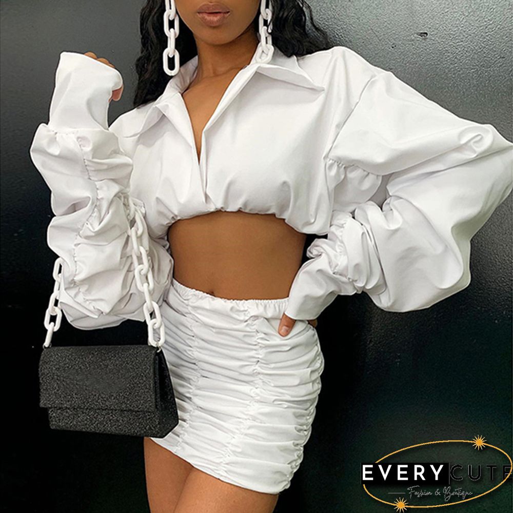 White Pleated Puff Sleeve Crop Top with Skirt Set