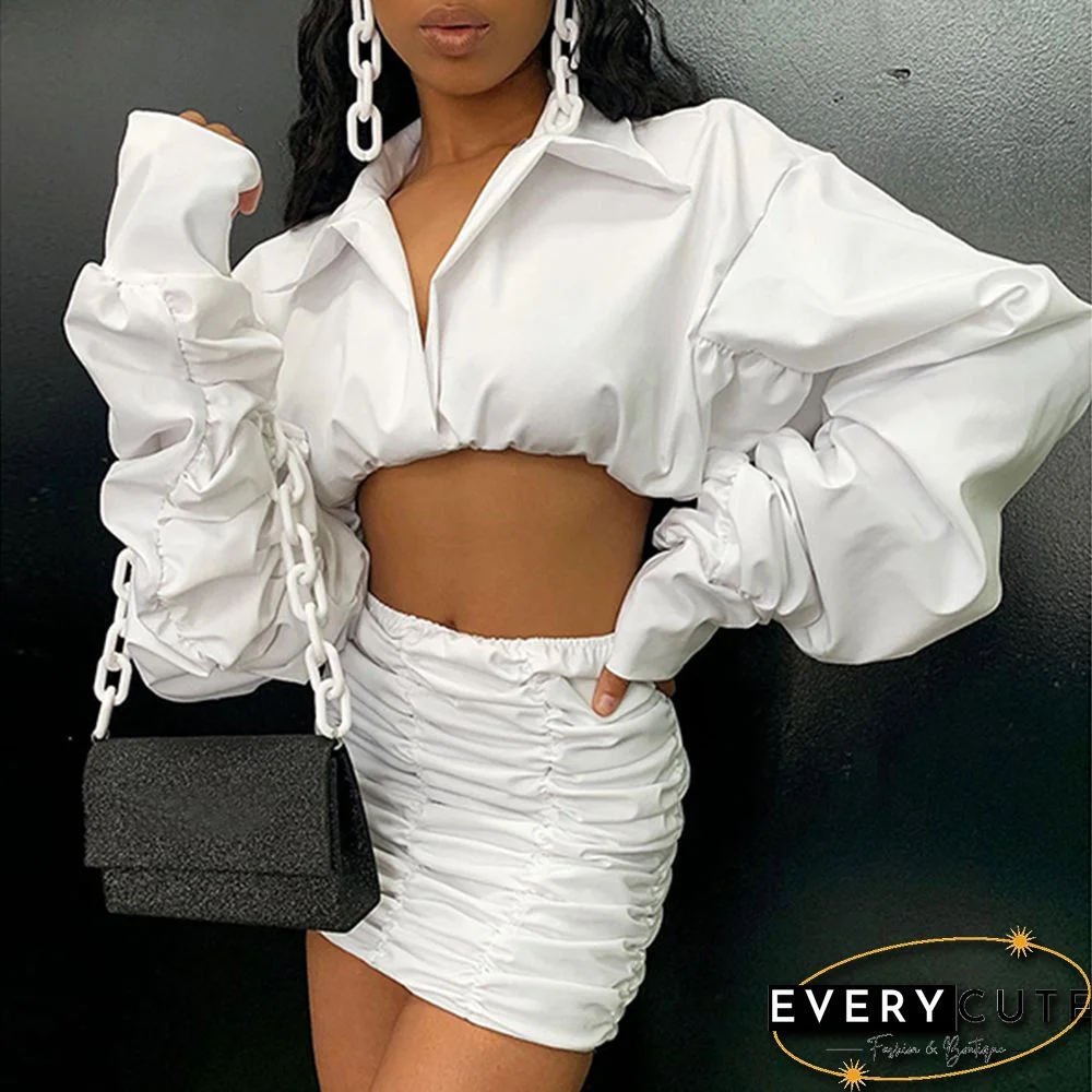White Pleated Puff Sleeve Crop Top with Skirt Set