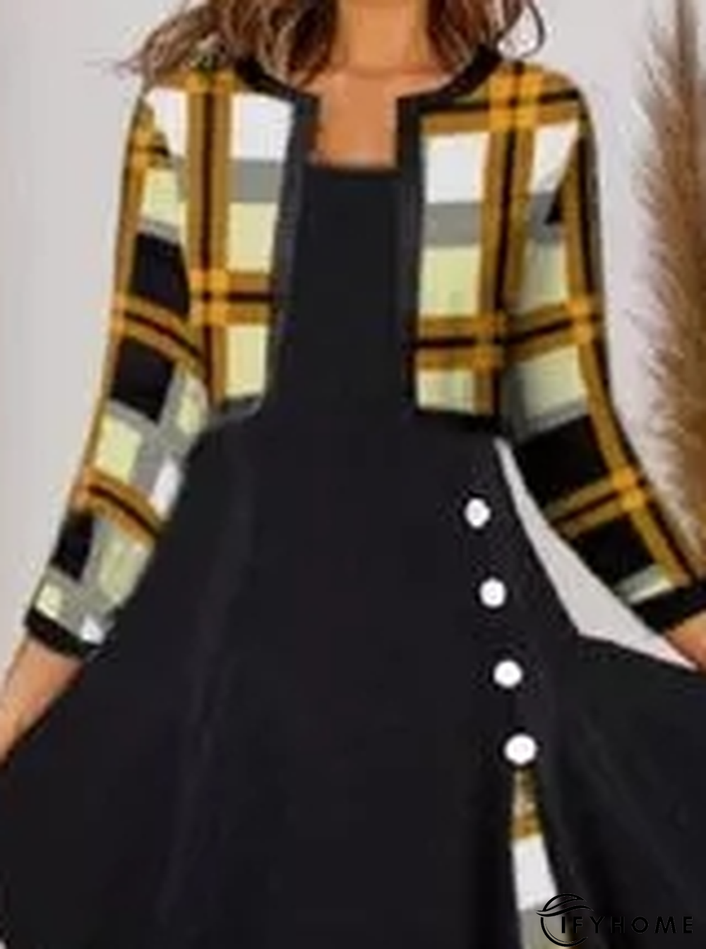 Color Block Tunic Round Neckline Fake Two Piece Midi A-line Dress | IFYHOME