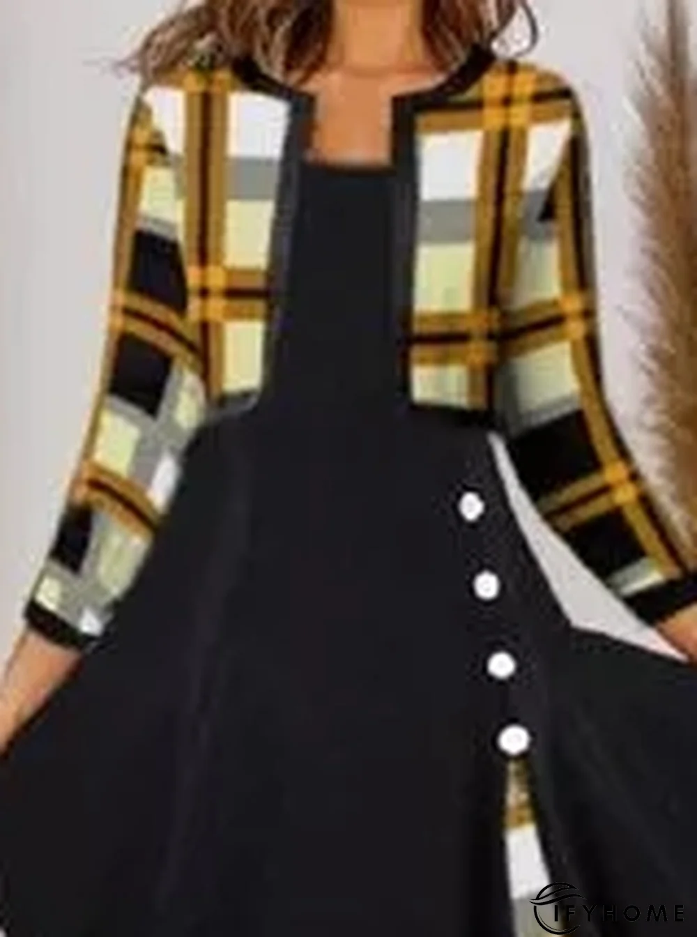 Color Block Tunic Round Neckline Fake Two Piece Midi A-line Dress | IFYHOME