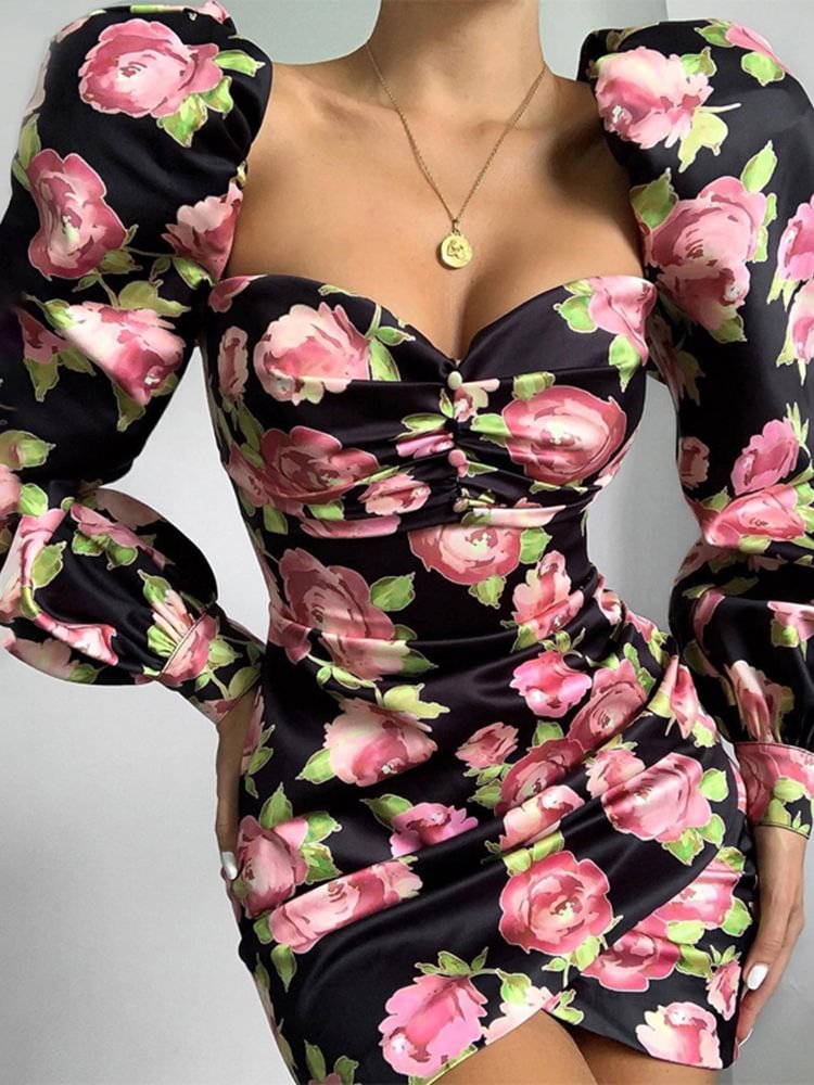 Hugcitar Rose Floral Print Long Puff Sleeve Ruched Sexy Mini Dress Autumn Winter Women Party Elegant Streetwear Outfits - Life is Beautiful for You - SheChoic