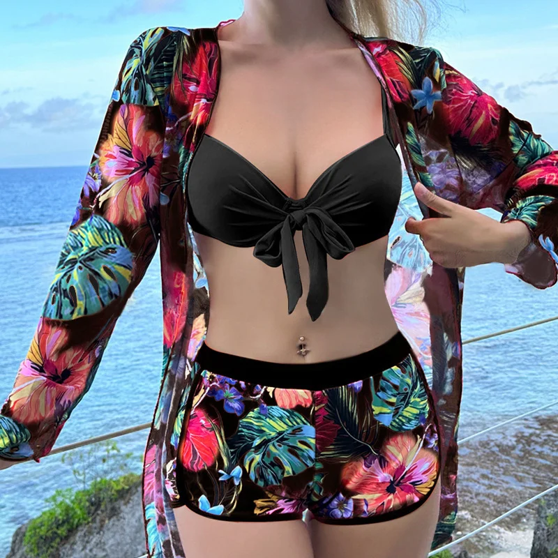PASUXI High Quality Print Beachwear for Summer 3 Piece Swimsuit with Cover up Girls Sexy Swimwear Bathing Suits for Women