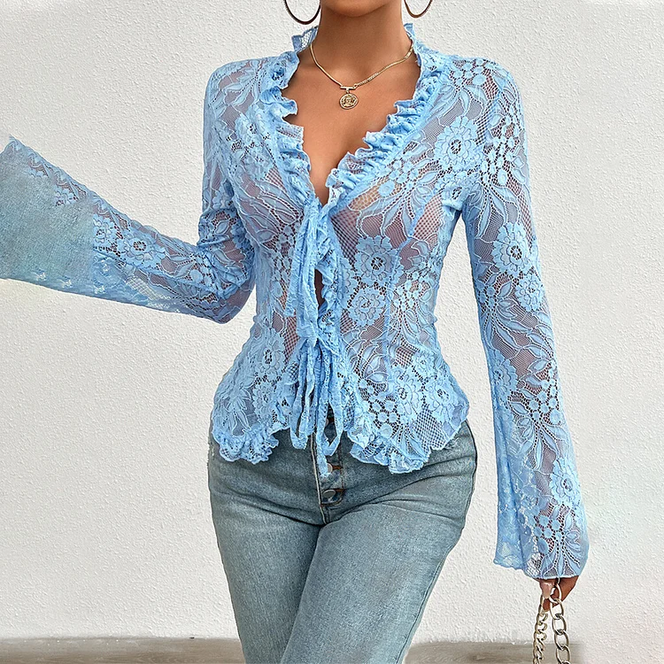 Casual Lace Hollow Out Flare Sleeve Lace-Up Ruffle Blouse