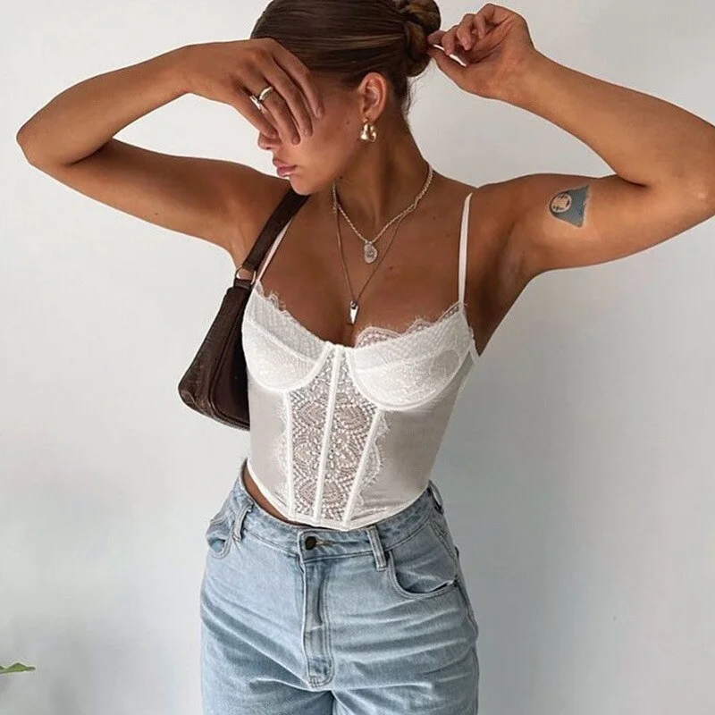 Sexy Black Lace Corset Top Crop Backless 2022 Summer Y2K Tank Top Women Tube Sleeveless Cami Off Shoulder Brown