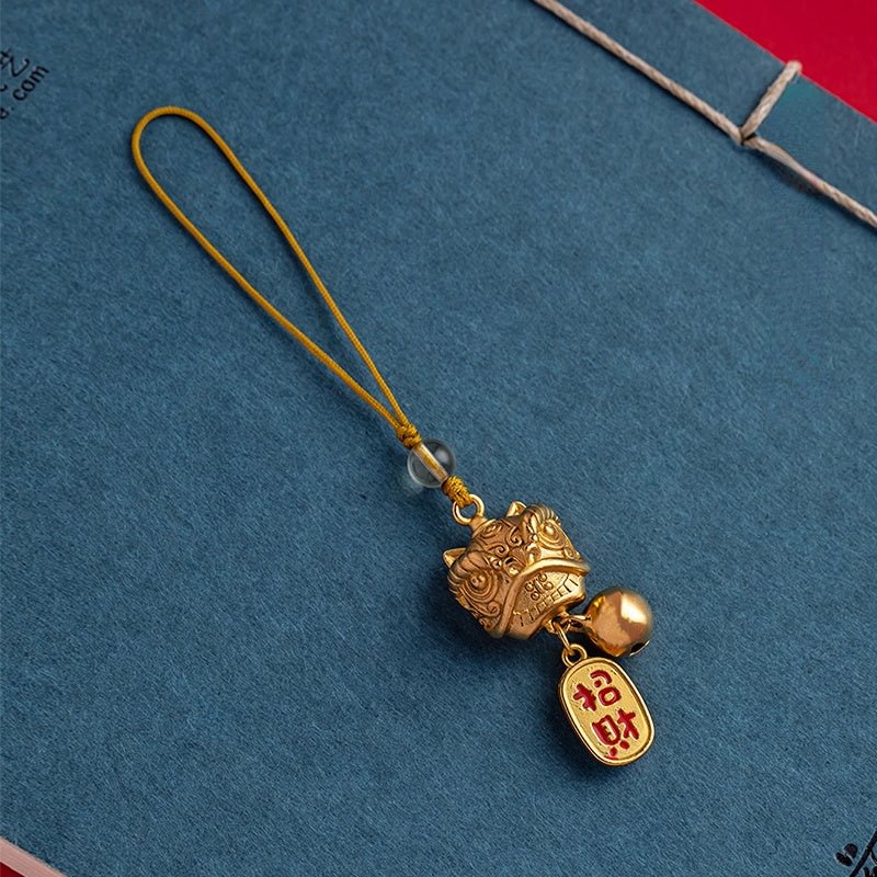 Handmade Brass Dancing Lion Bell Pendant Chinese Style Ornaments Wealth Power Safe Good Luck