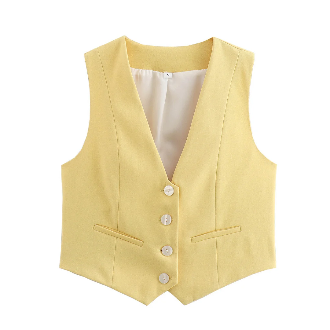 Nigikala Nigikala Women's Retro Solid Color Candy Color V-Neck Short Suit Vest / Horse Clip Cane