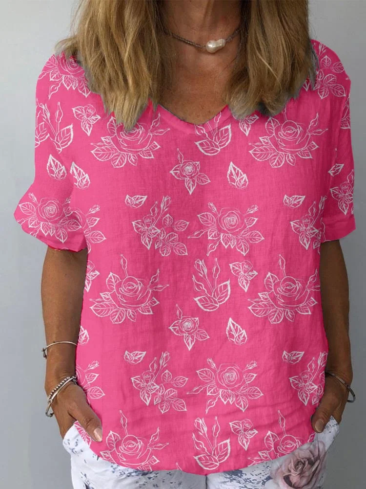 Women's Artistic Rose Flower Pattern Cotton and Linen Short Sleeve Top