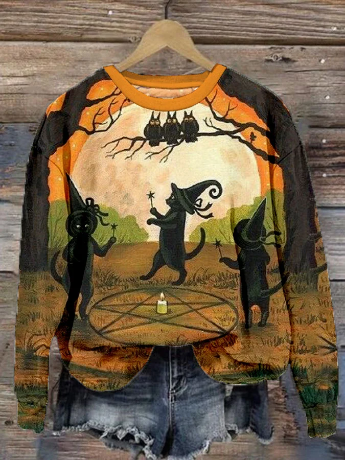 Women's Halloween Cat Print Casual Sweatshirt