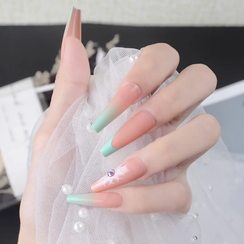 Floral Print Ballet Nail Art Press On Nails with Jelly Double Sided Nail Adhesives 24 pcs