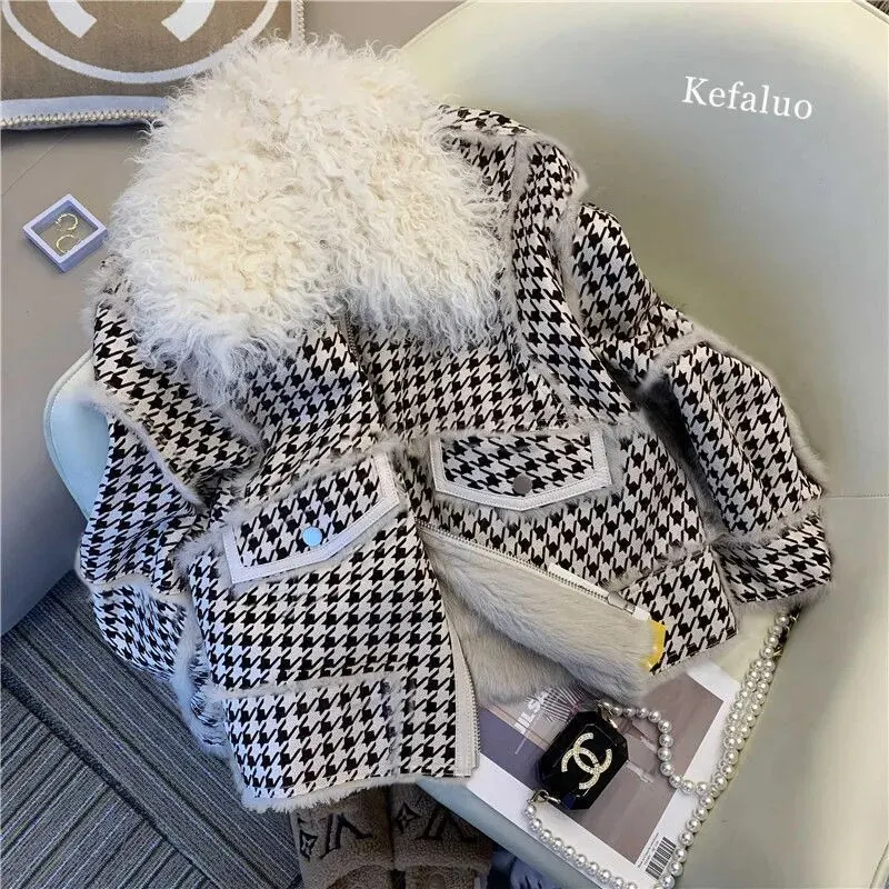 Uveng 2023 Autumn Winter Faux Lamb Fur Sheepskin Coat Plaid Granular Sheep Shearing Jacket Female Casual Warm Outerwear