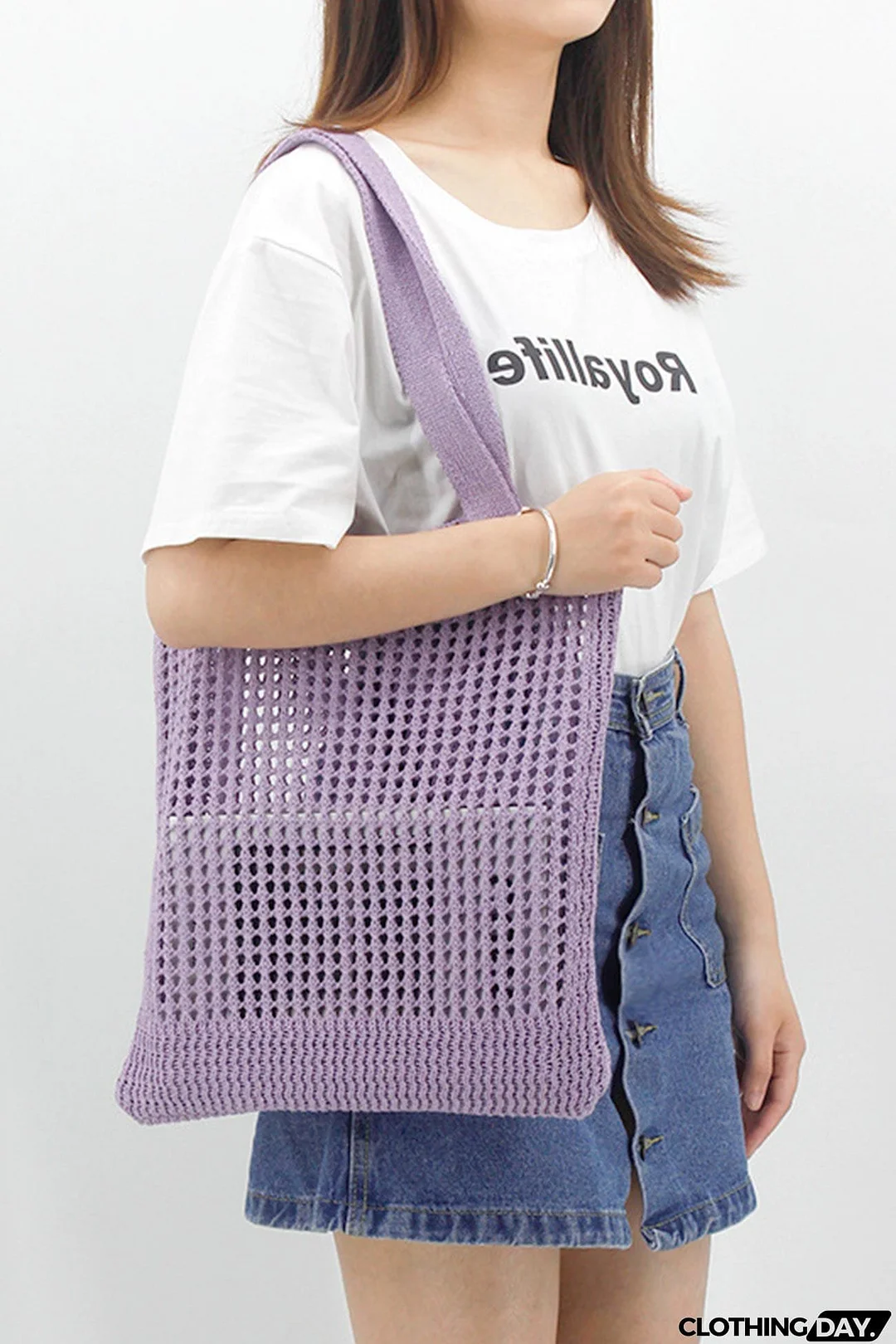 Solid Hollow-out Crochet Tote Bag