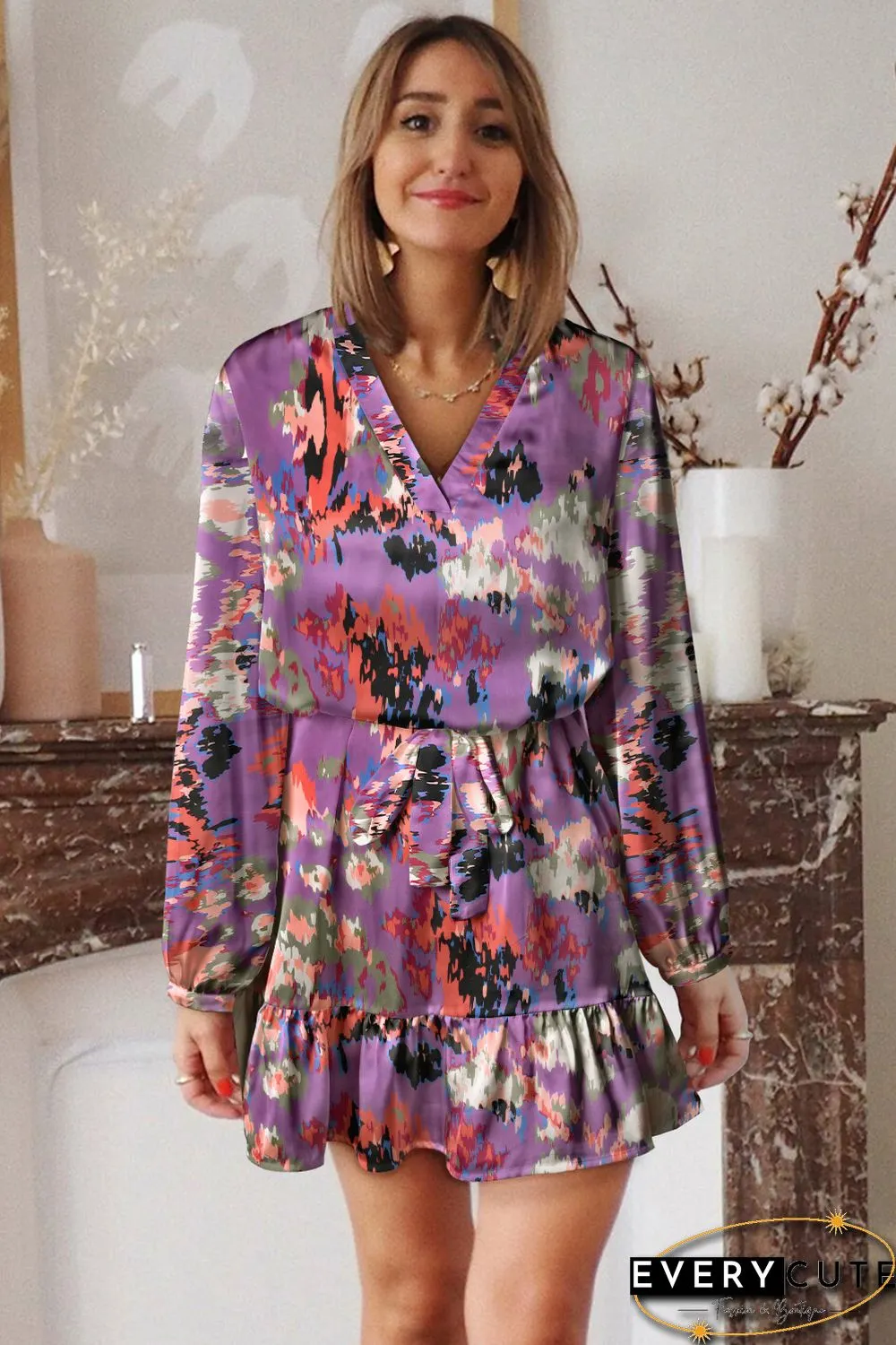 Purple Abstract Print Ruffled Drawstring High Waist Mini Dress