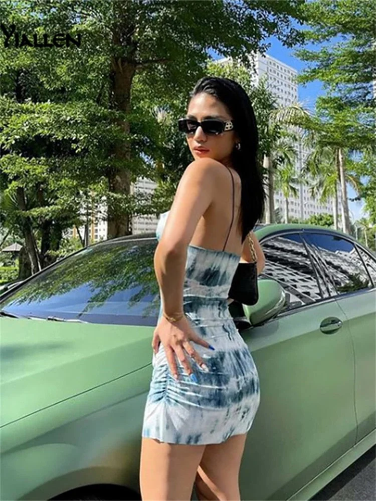 Yiallen Summer Fashion Knitting Sling Dress Women Sleeveless Sexy Side Drawstring Casual Printing Lady Street Slim MIni Dresses