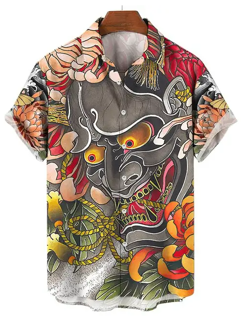 Oni Demon with Floral Pattern Button-Up Shirt PLUSCLOTHESMAN