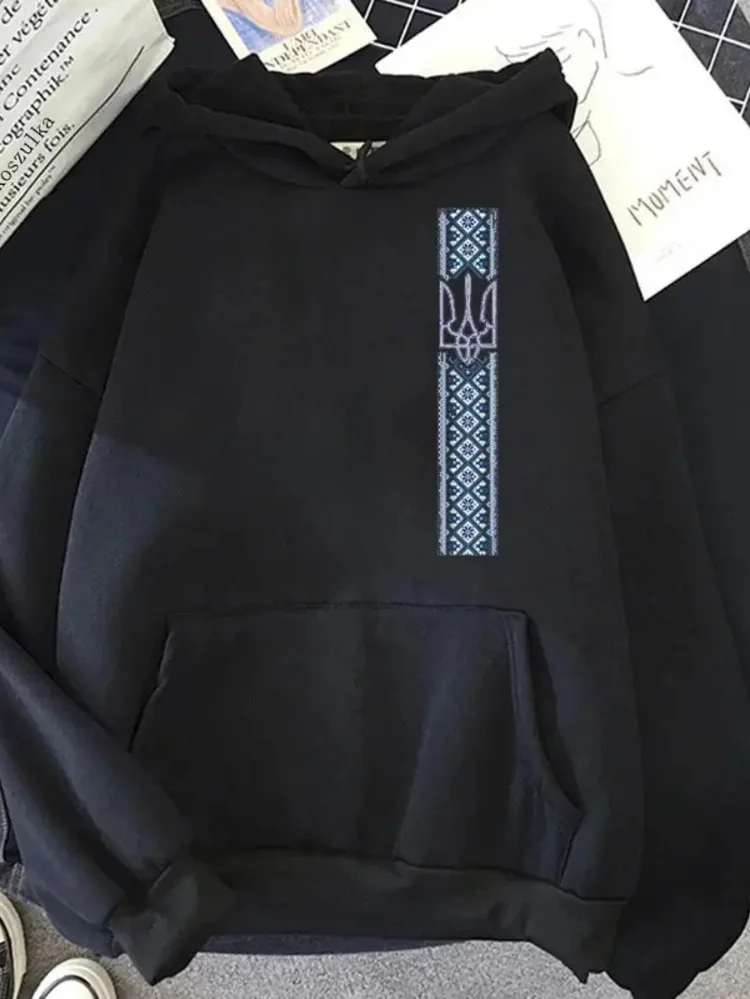 Women's Stretchy Polyester Hoodie - All-Season Casual Streetwear Pullover With Front Pocket, Black & Blue Accent Sweatshirt For Everyday & Formal Outfits, Geometric Print, Durable Fabric
