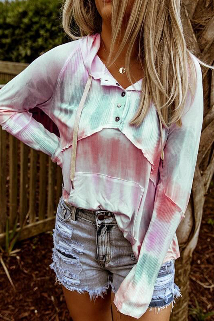 Casual Patchwork Tie-Dye Hooded Collar Tops - Life is Beautiful for You - SheChoic