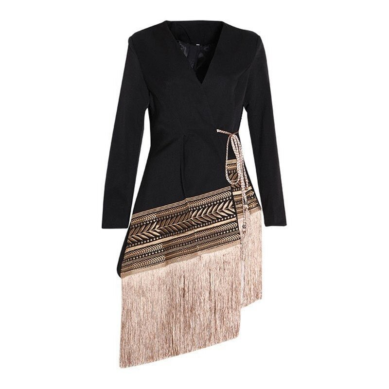 Loose Fit Spliced Contrast Color Tassel Belt Jacket New V-neck Long Sleeve Women Coat Fashion Autumn Winter 2020